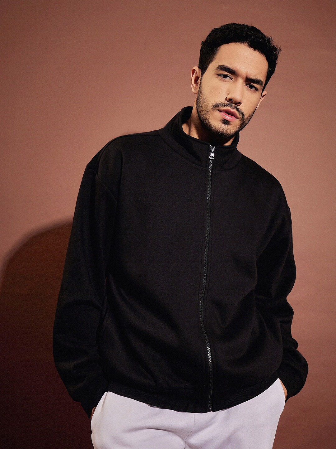 MASCLN SASSAFRAS Black Mock Collar Oversized Front-Open Pullover