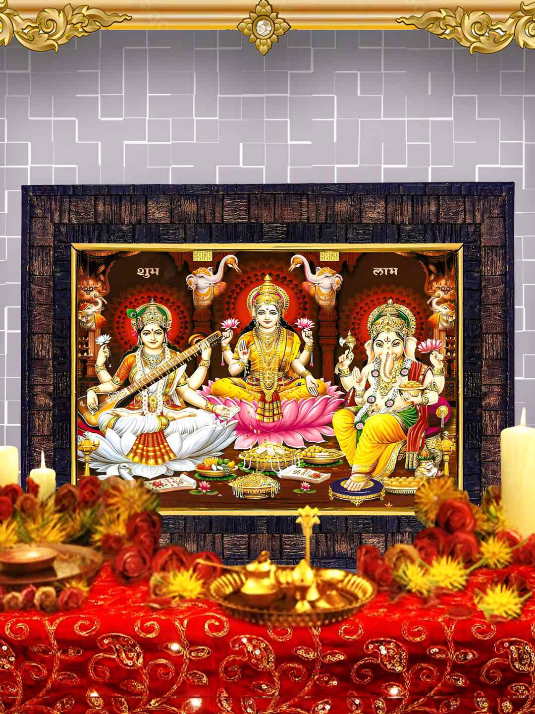 Hawai Black & Red Laxmi Ganesh Saraswati Wood Wall Photo Frames