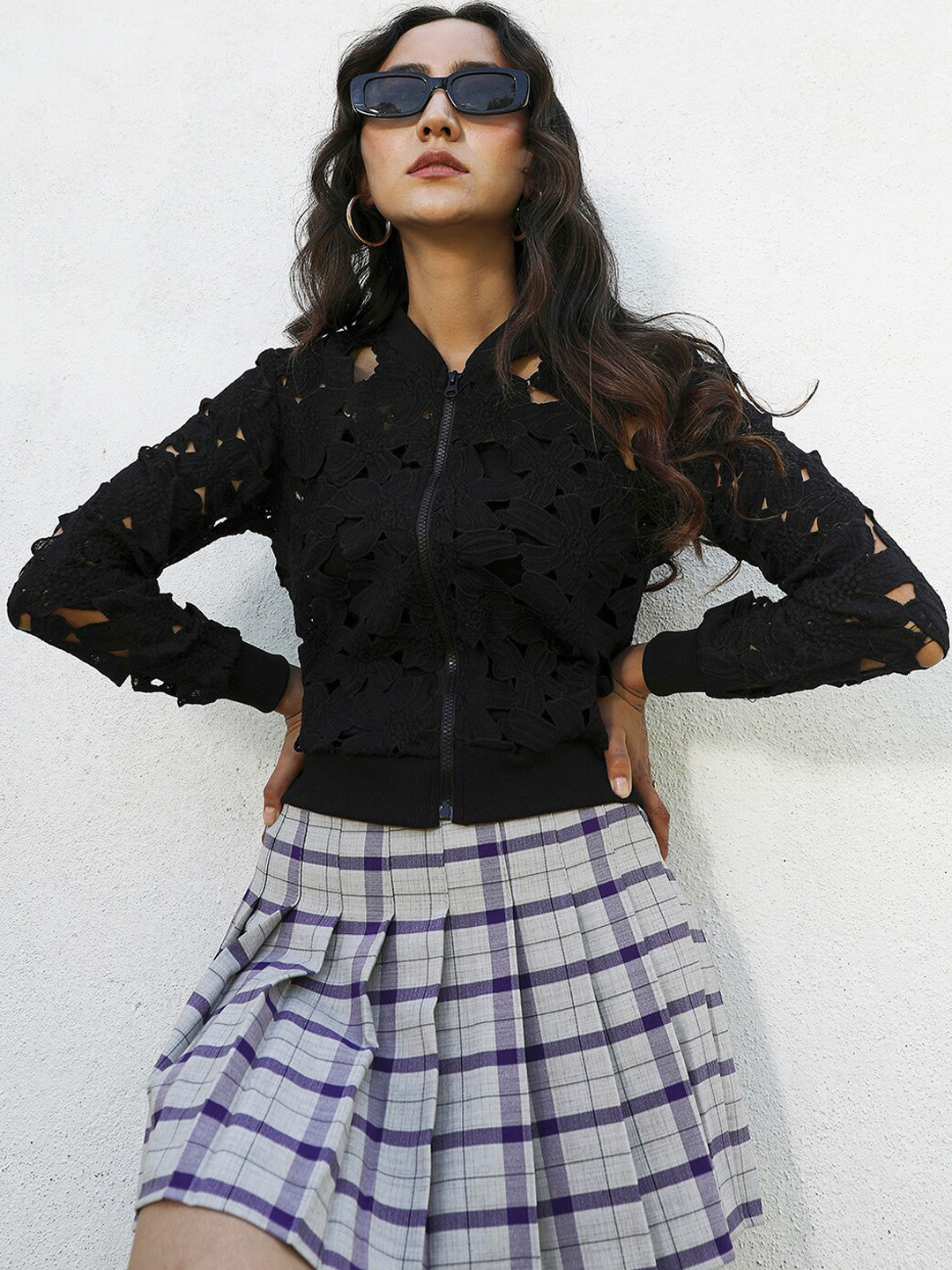 Campus Sutra Black Self Design Stand Collar Windcheater Cut Work Bomber Jacket