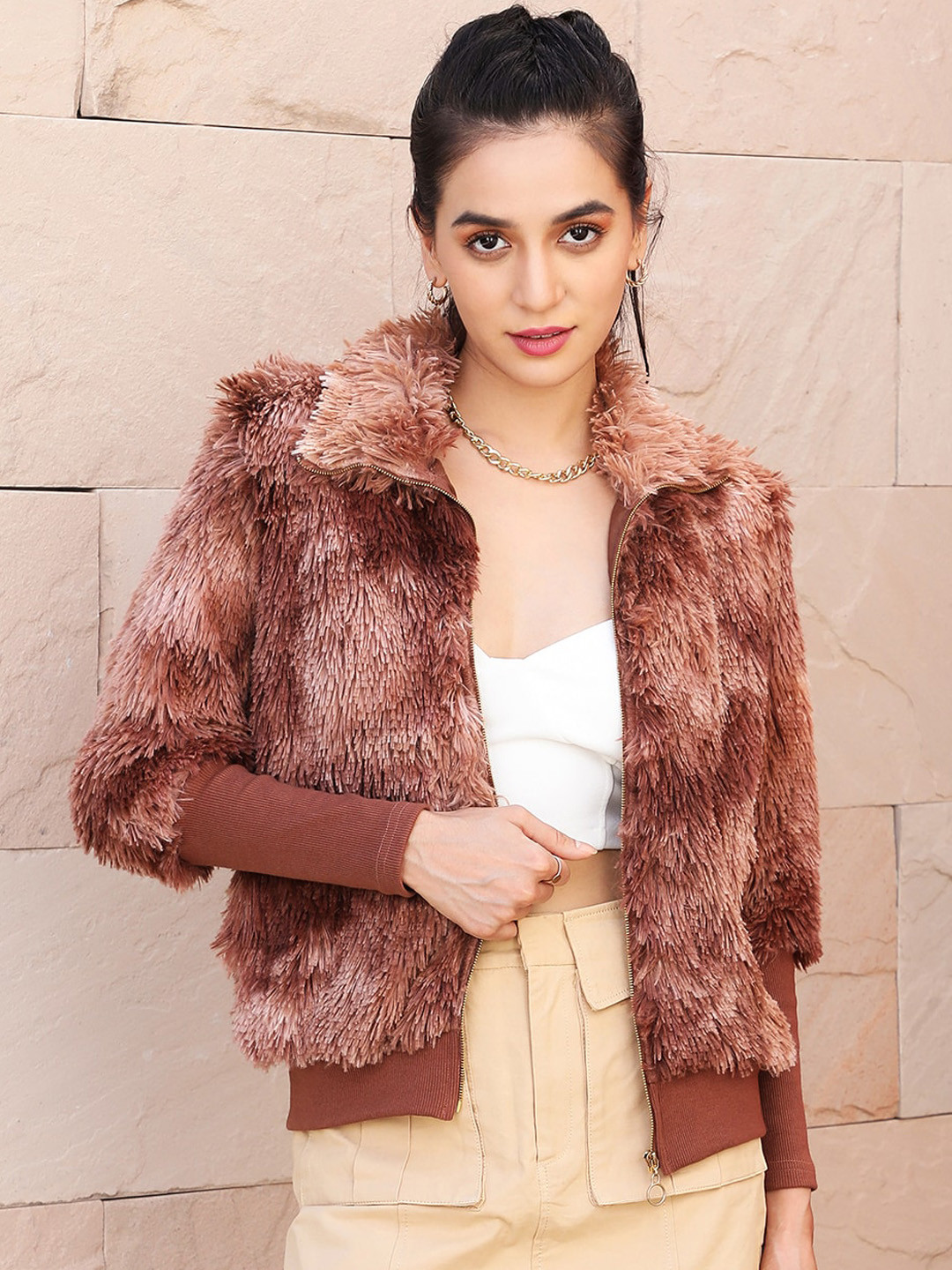 Campus Sutra Brown Windcheater Faux Fur Trim Detailed Tailored Jacket