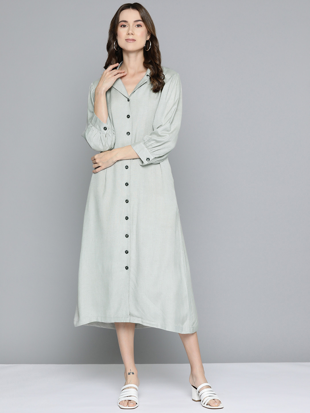 SCOUP Puff Sleeve Cotton Linen Shirt Midi Dress