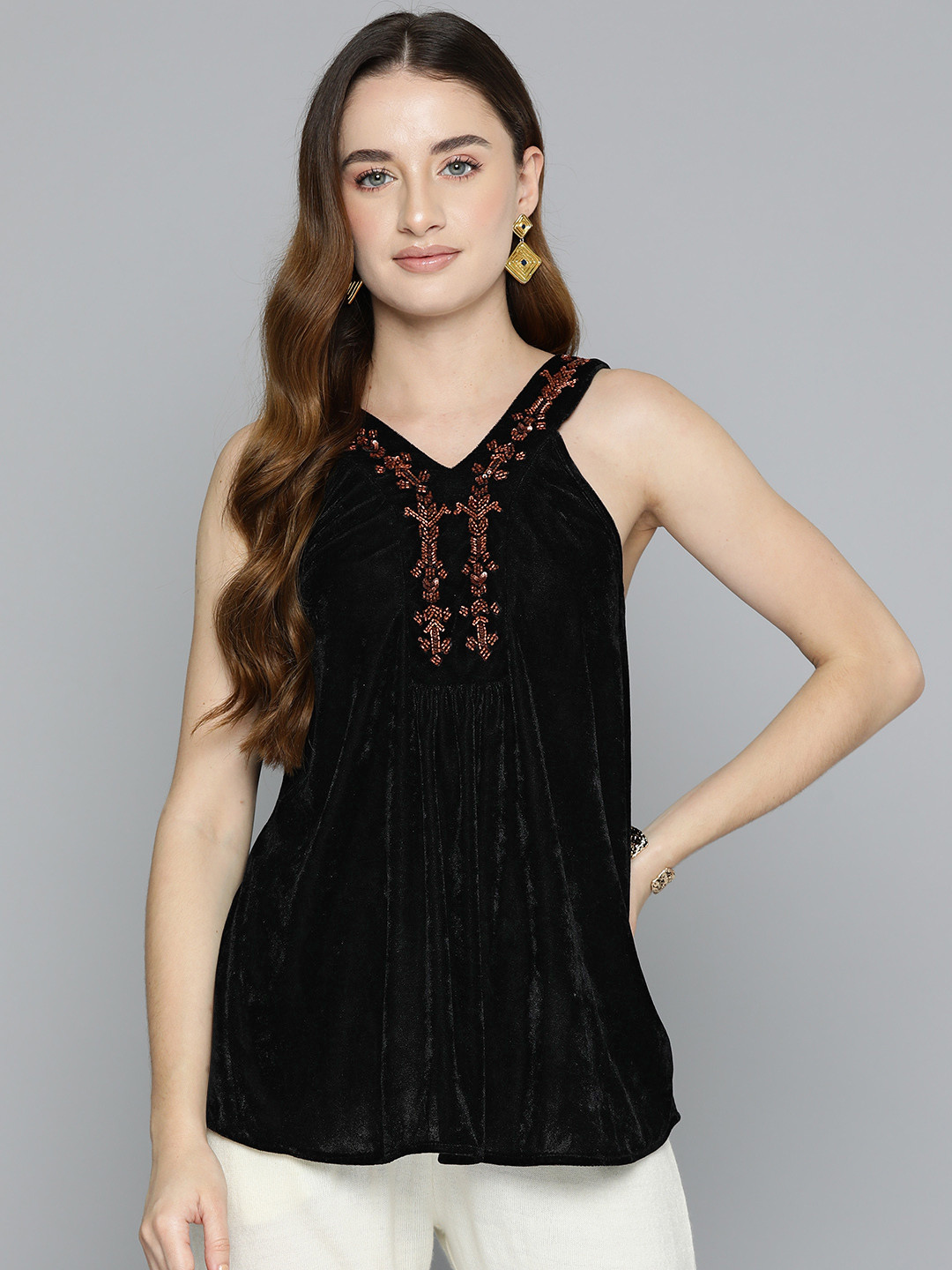 SCOUP Floral Embellished Velvet Top