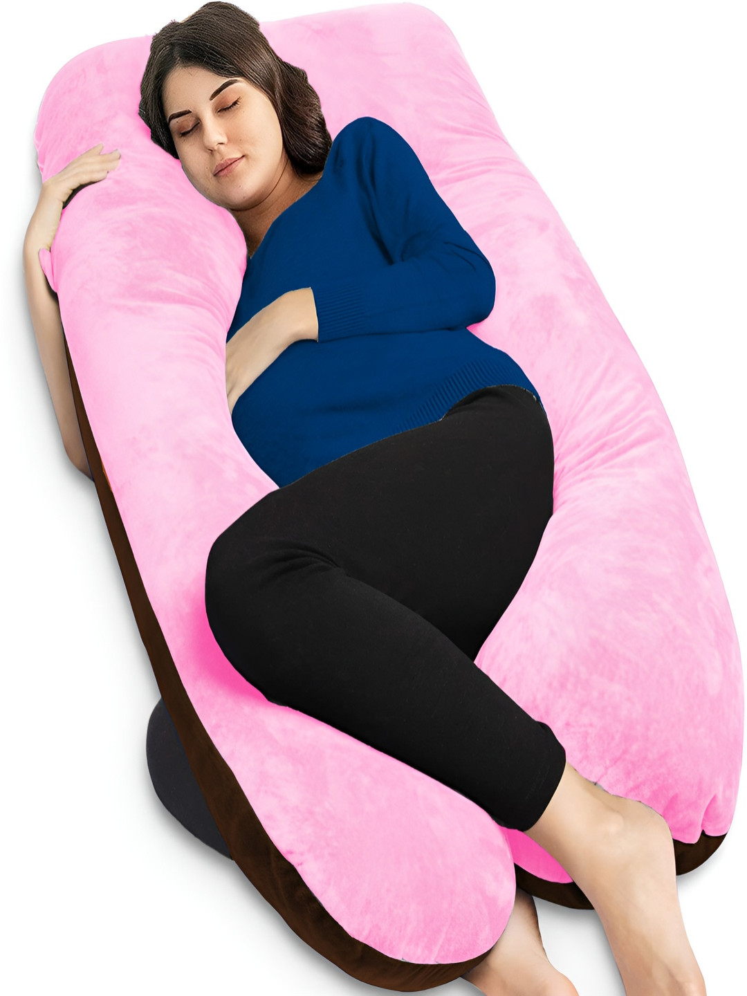 Mom's Moon Pink Solid Faux Velvet Lightweight Firm Fibre Maternity Pillow-19.81 x 76.2 x 139 cm