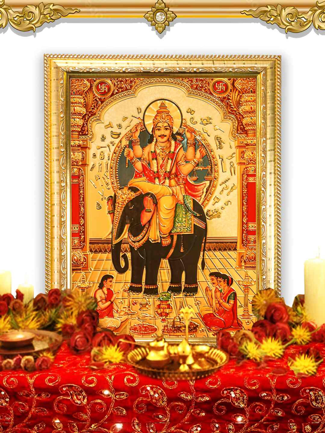 Hawai Gold-Toned & Red Lord Vishwakarma Wood Wall Photo Frames