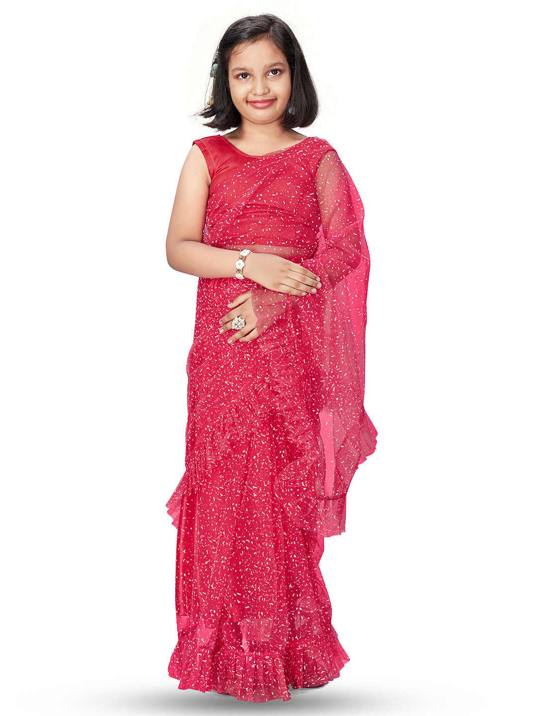 LOOKS AND LIKES Girls Embellished Ruffles Net Saree