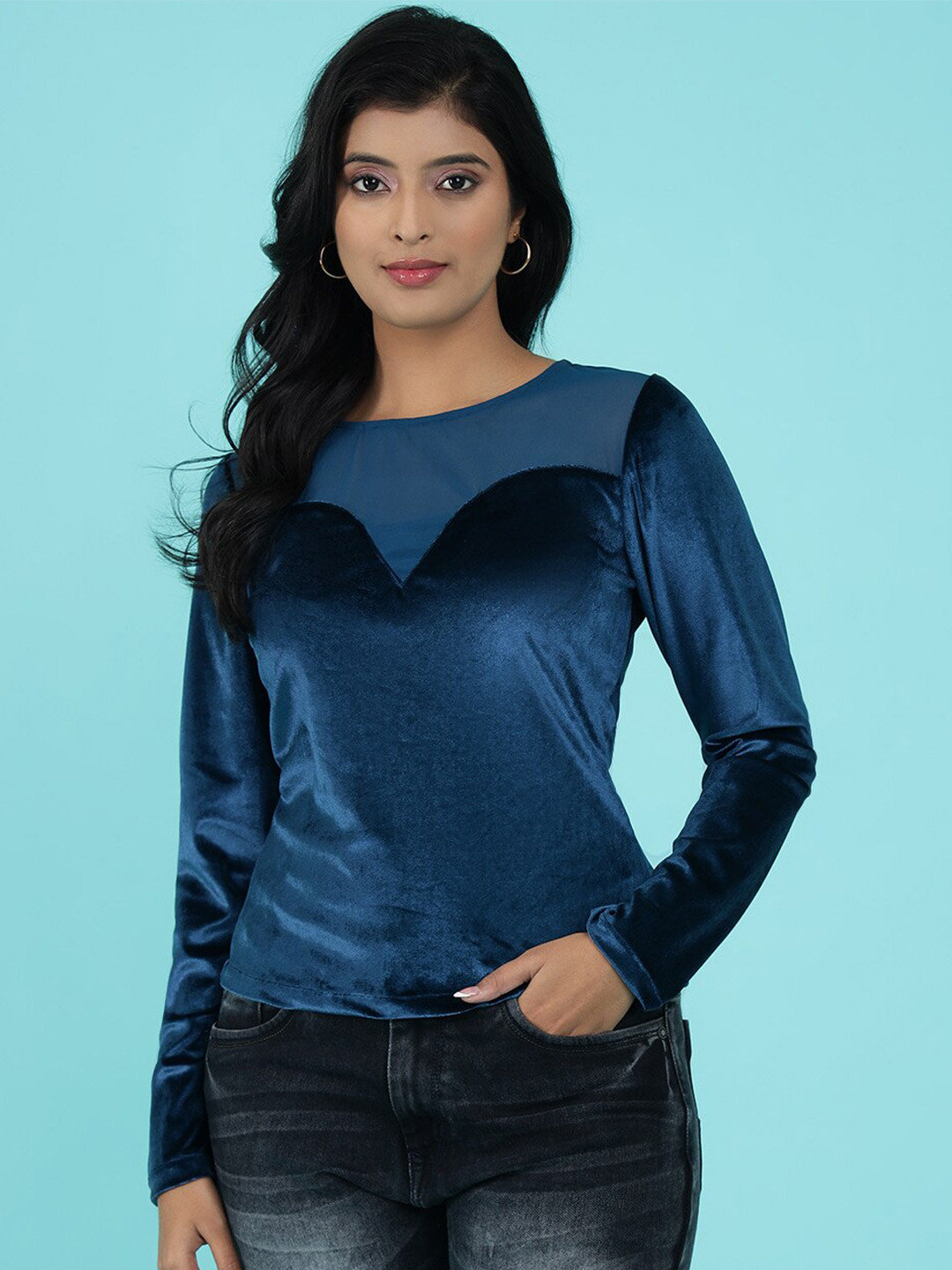 DELAN Sheen Round Neck Long Sleeve Velvet Regular Top