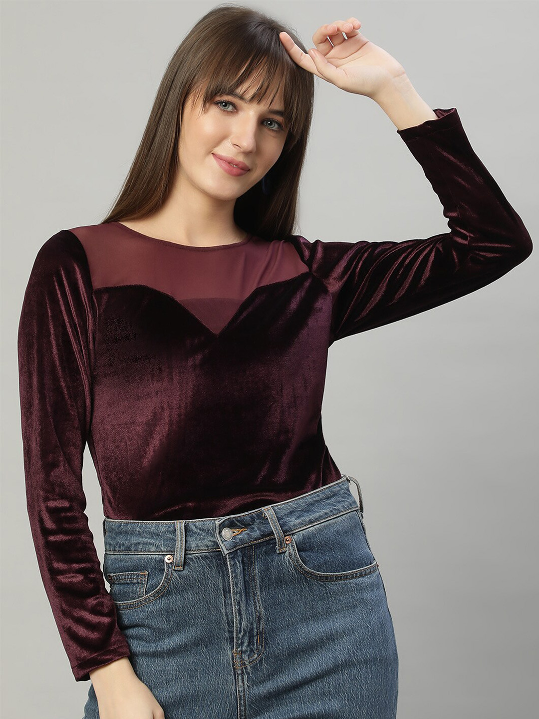 DELAN Sheen Round Neck Long Sleeve Velvet Regular Top