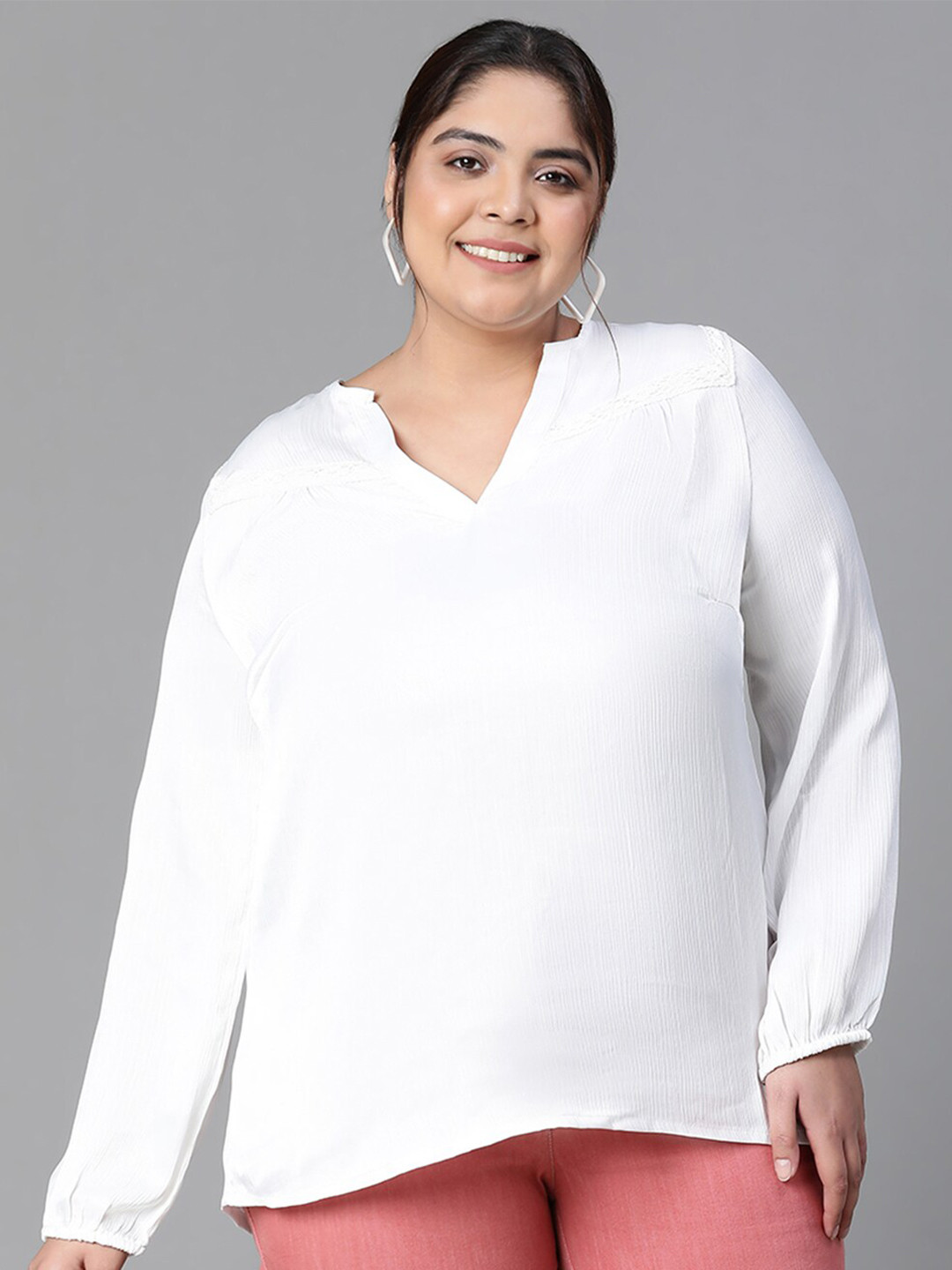 Oxolloxo Plus Size Soild Long Sleeves V-Neck Top