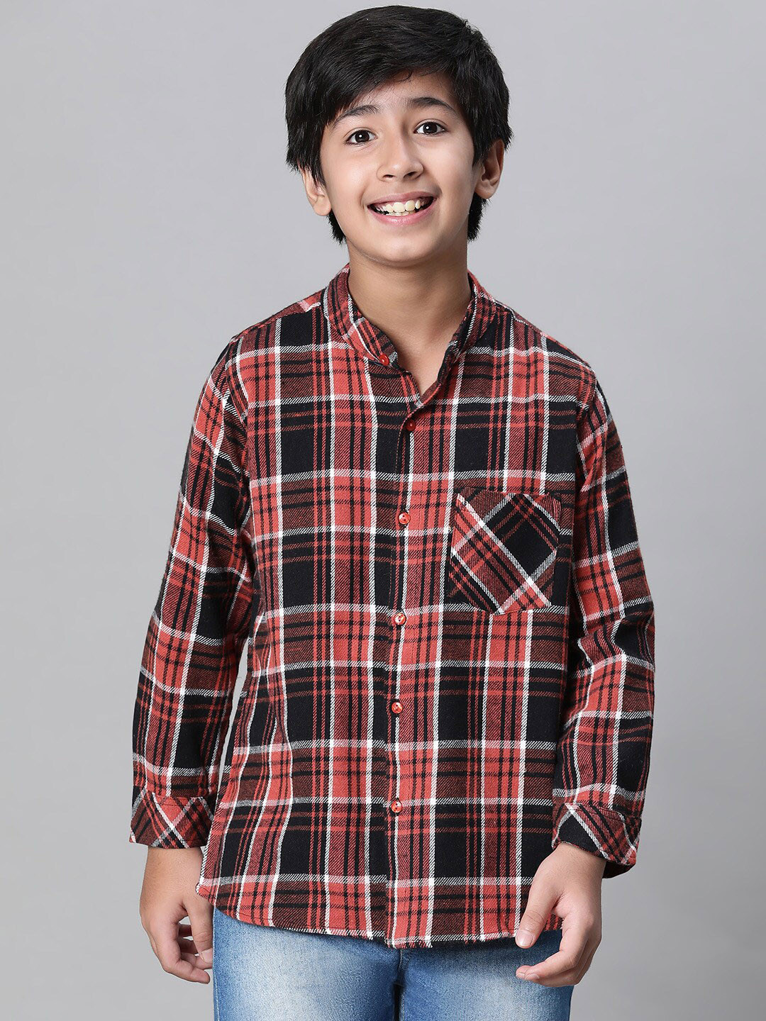Oxolloxo Boys Relaxed Tartan Checked Band Collar Cotton Casual Shirt