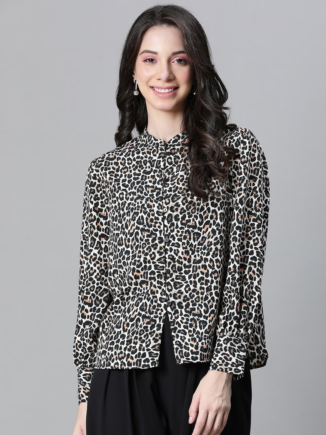 Oxolloxo Super Animal Printed Mandarin Collar Puff Sleeves Casual Shirt