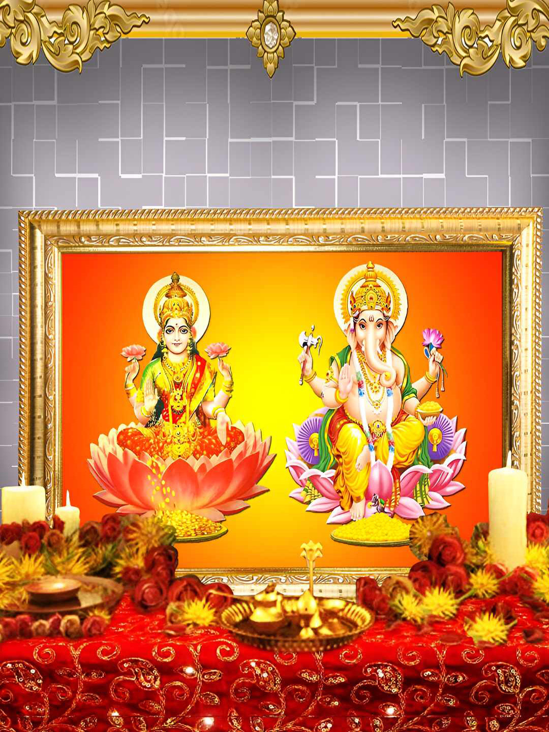Hawai Gold Toned Ganesha Lakshmi Ji Digital Printed Rectangle Wall Photo Frame