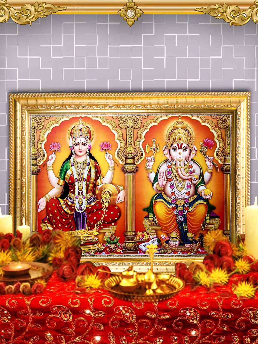 Hawai Gold-Toned & Orange Lakshmi Ganesh Ji Wood Wall Photo Frames