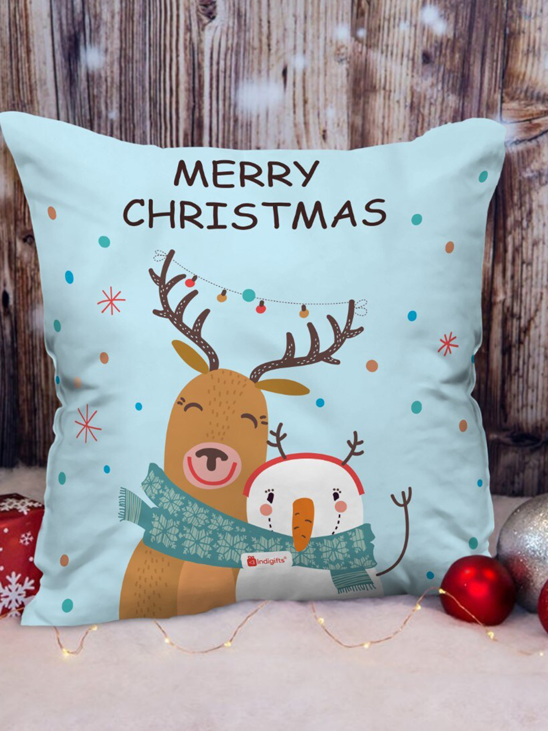 Indigifts Christmas Blue Abstract Poly Satin Washable Square Cushion Cover -16x16In