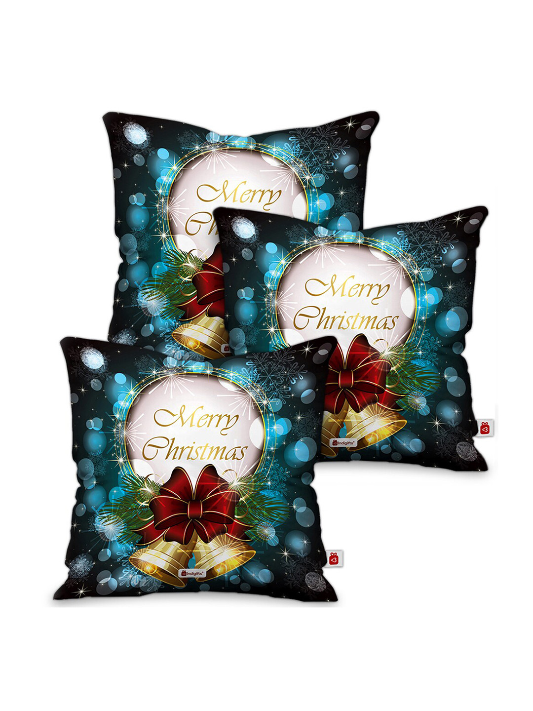 Indigifts Red & Blue 3 Pieces Printed Christmas Square Cushion Covers