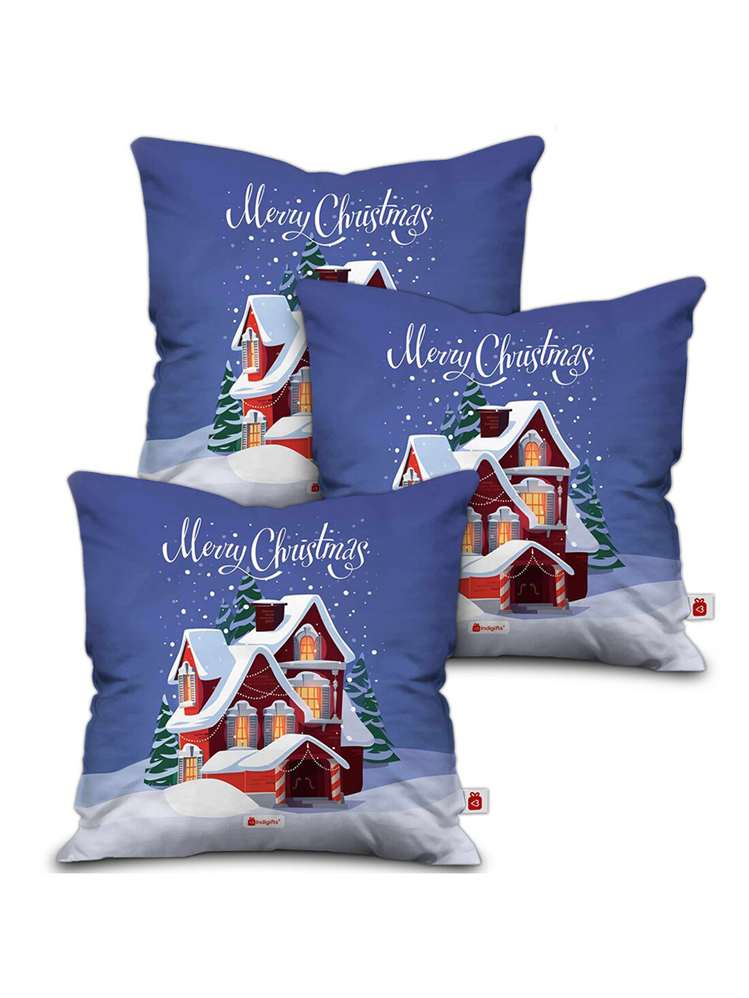 Indigifts Red & Blue 3 Pieces Printed Christmas Square Cushion Covers