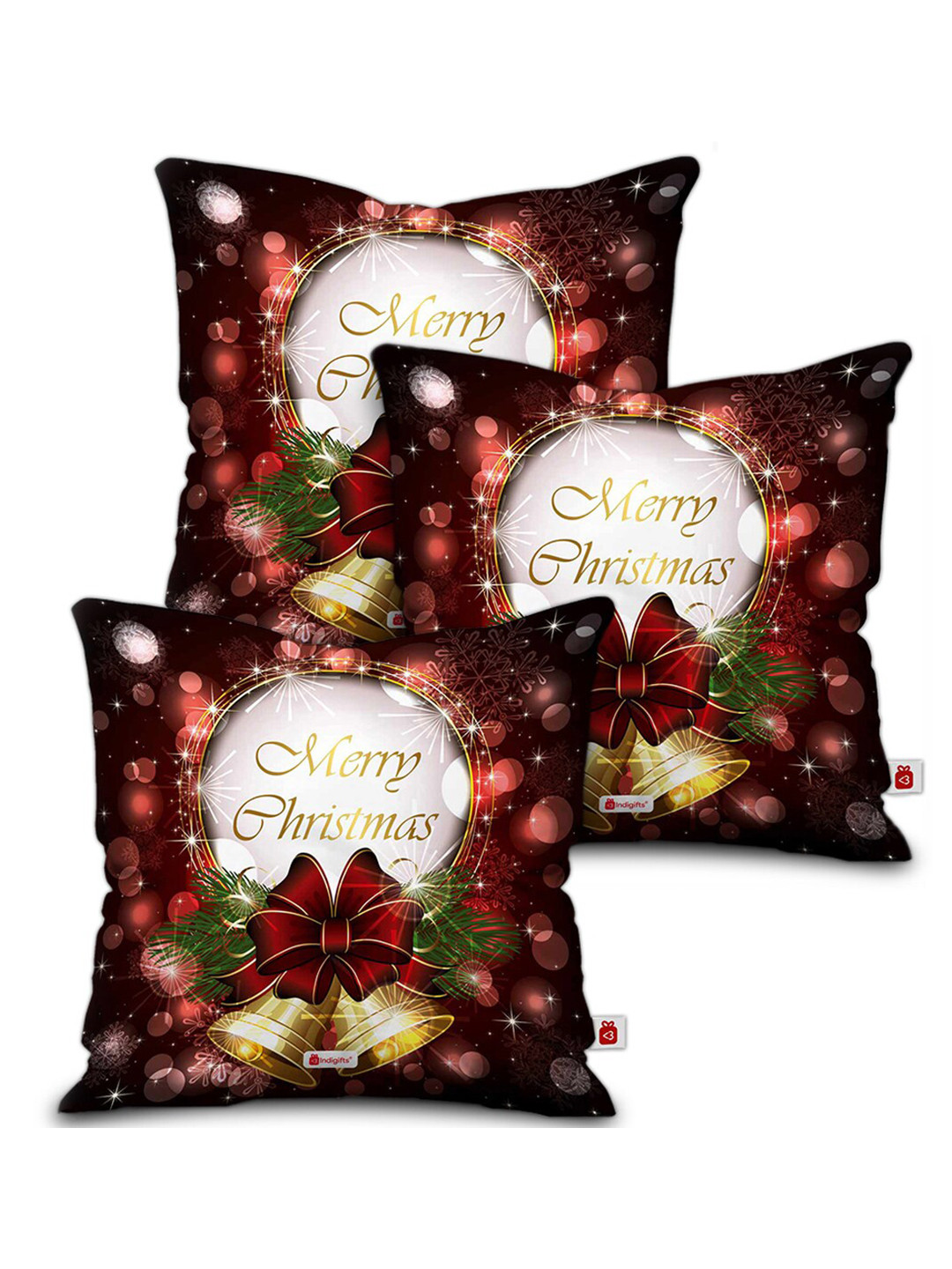 Indigifts Xmas Black & Brown 3 Merry Christmas Printed Sweat Proof Square Cushion Covers