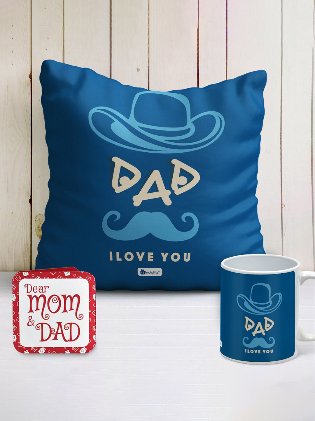 Indigifts Blue & Beige Printed Cushion Cover With Filler & Coffee Mug Fathers Day Gift Set