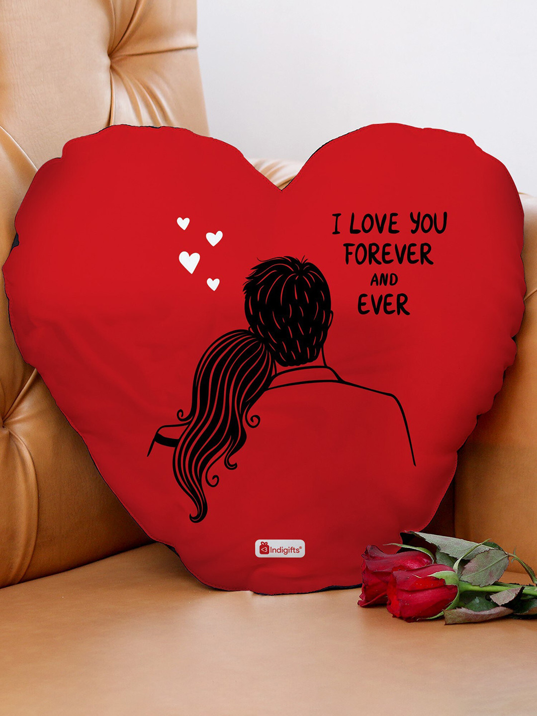 Indigifts Valentine Red & Black Typography Heart Shape Cushion