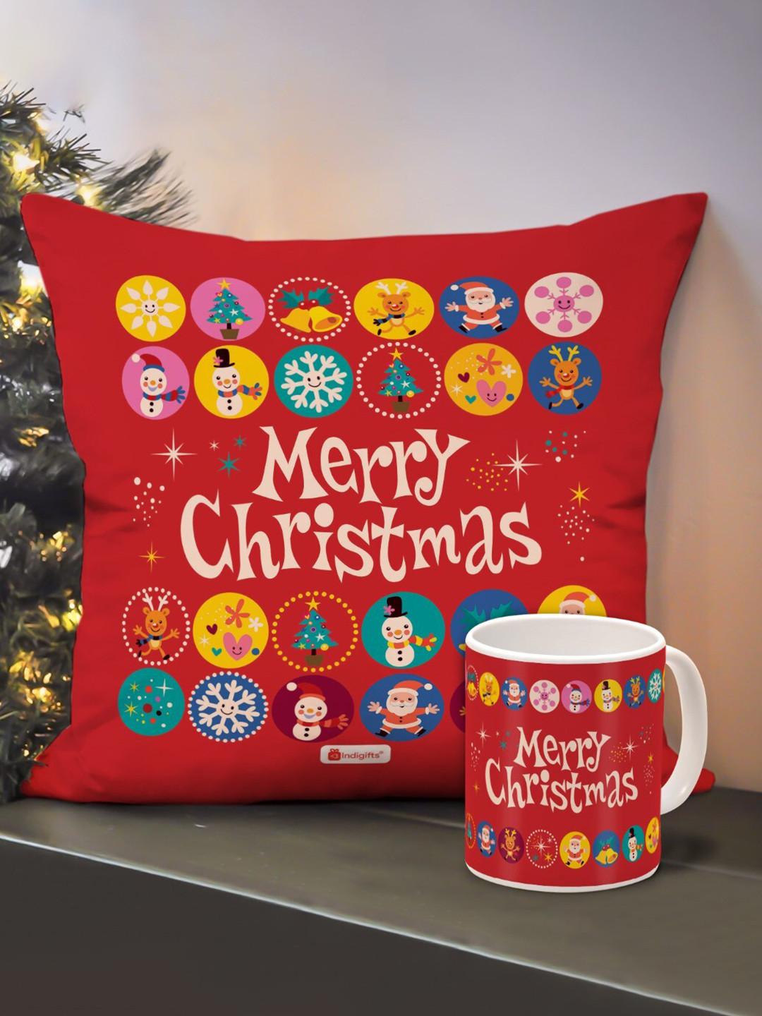 Indigifts Red & Yellow Merry Christmas Print Sweat Proof Square Cushion Cover & Coffee Mug