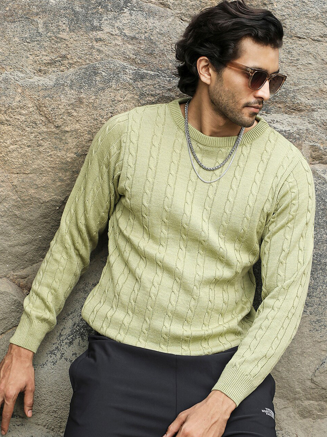 Campus Sutra Sea Green Cable Knit Acrylic Pullover