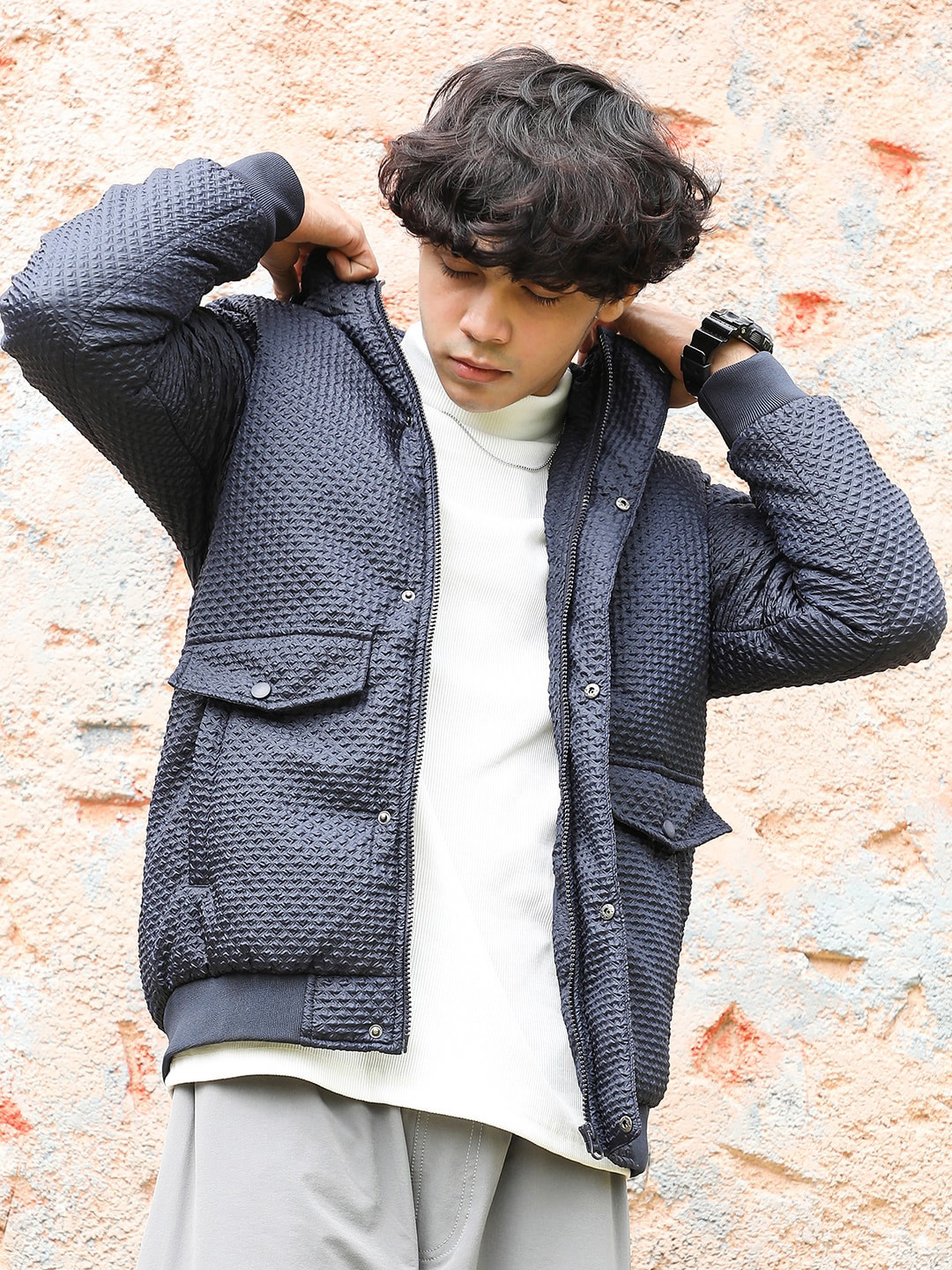 Campus Sutra Blue Windcheater Fleece Puffer Jacket