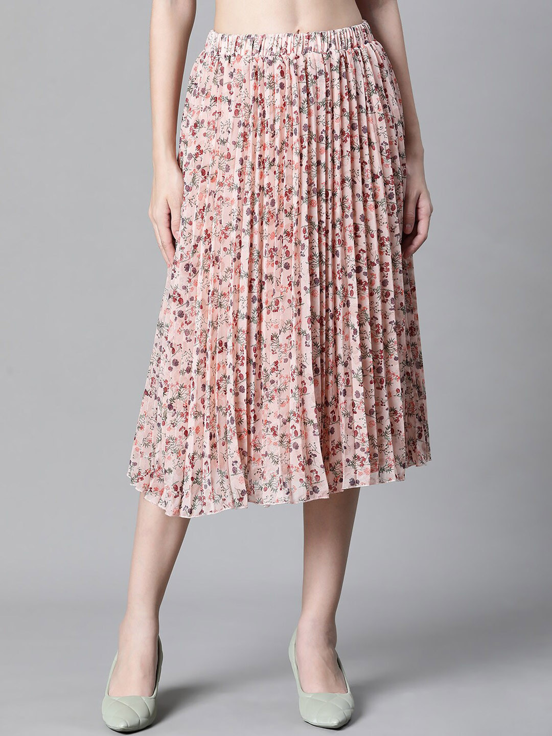 Oxolloxo Floral Printed Accordion Pleats Dobby Flared Midi Skirt