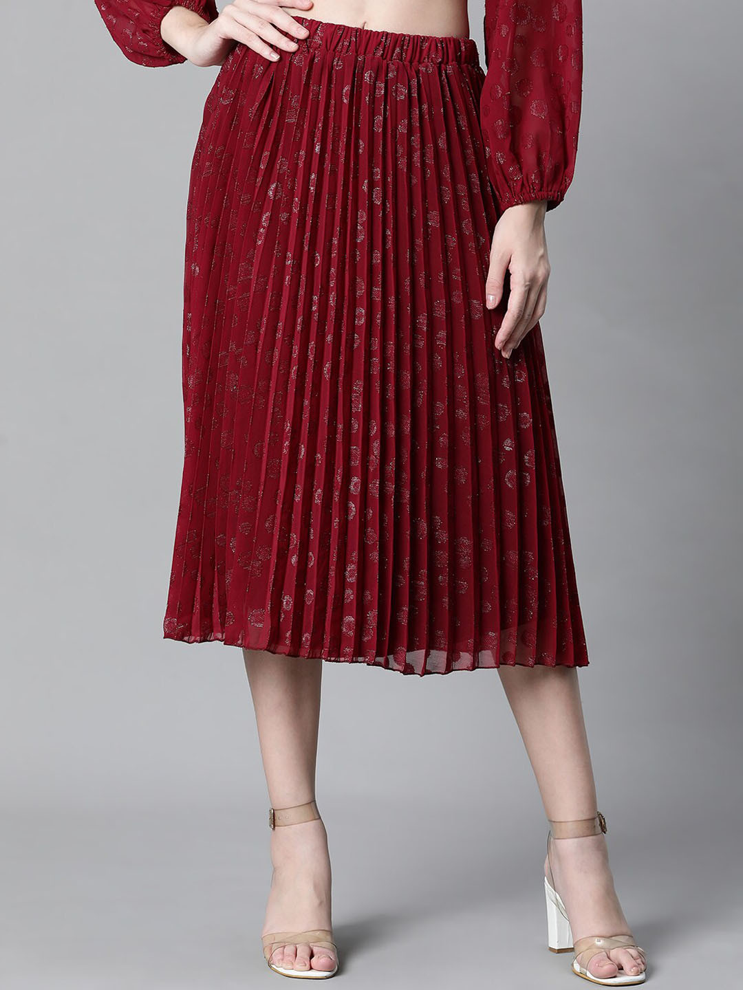 Oxolloxo Floral Printed Accordion Pleats Dobby Flared Midi Skirt