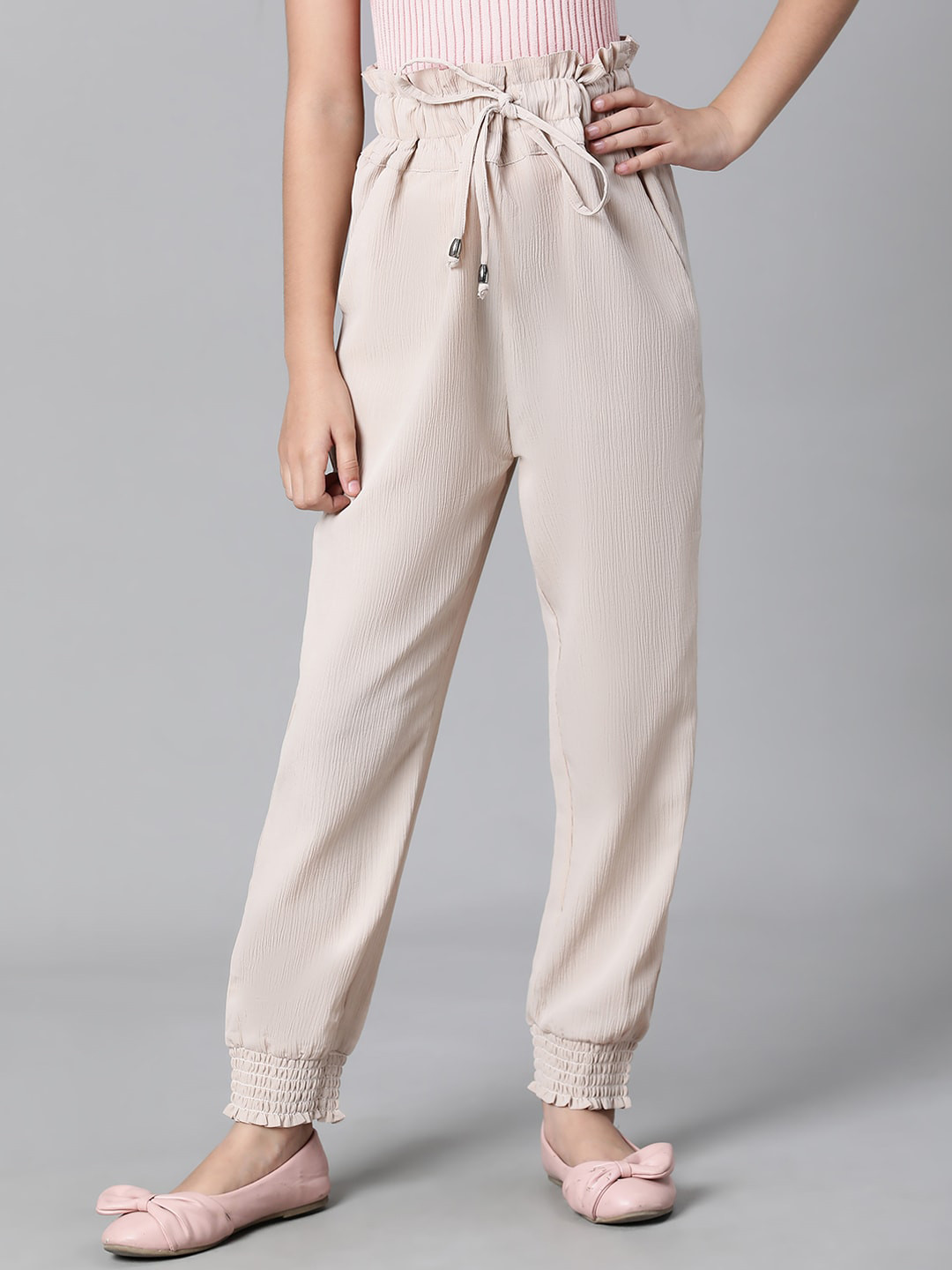 Oxolloxo Girls Smart Easy Wash Smocked Tie-Knotted Regular Fit Trouser