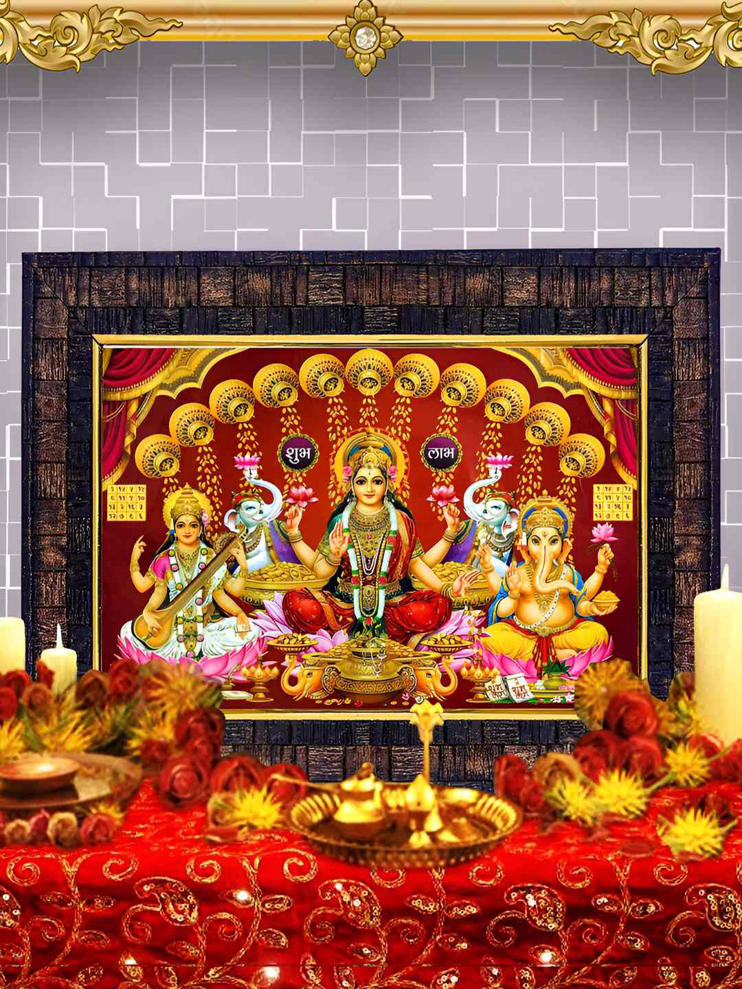 Hawai Black & Red Laxmi Ganesh Saraswati Wood Wall Photo Frames