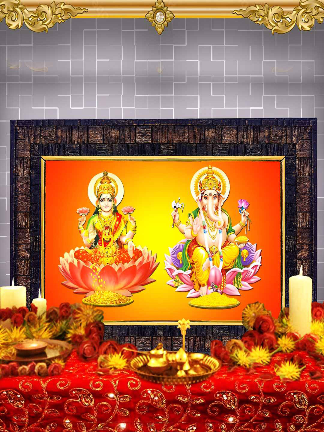 Hawai Black & Orange Lord Ganesha Lakshmi Ji Wood Wall Photo Frames