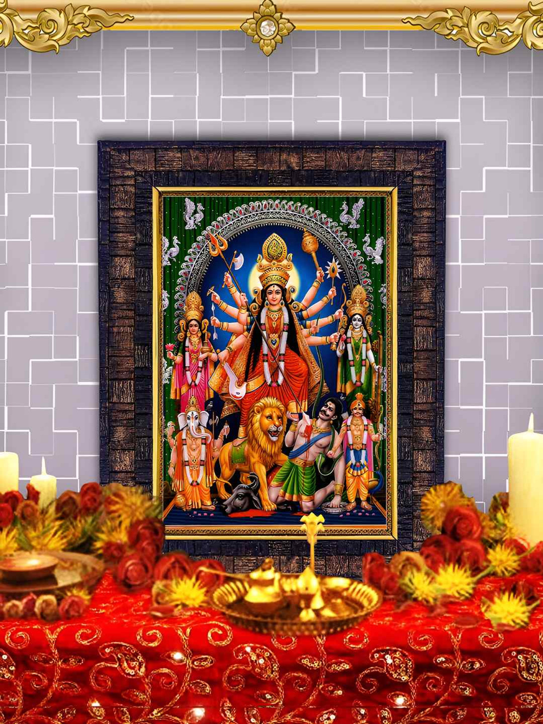 Hawai Black & Brown Maa Durga Digital Printed Rectangle Wall Photo Frame