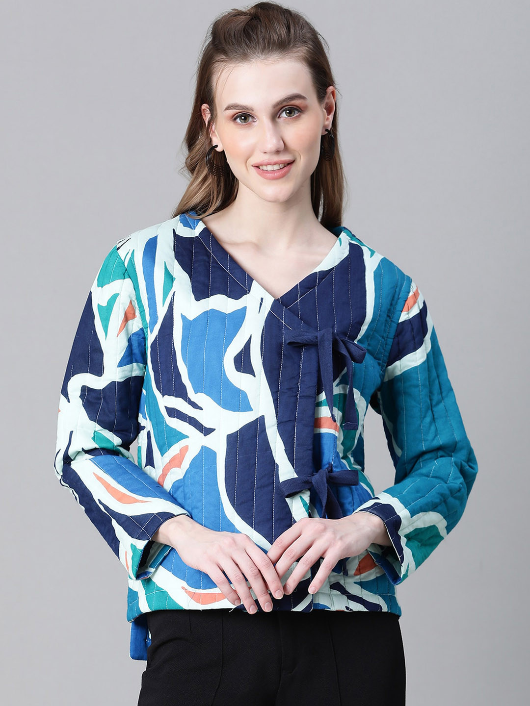 Oxolloxo Abstract Printed V-Neck Insulator Cotton Quilted Jacket