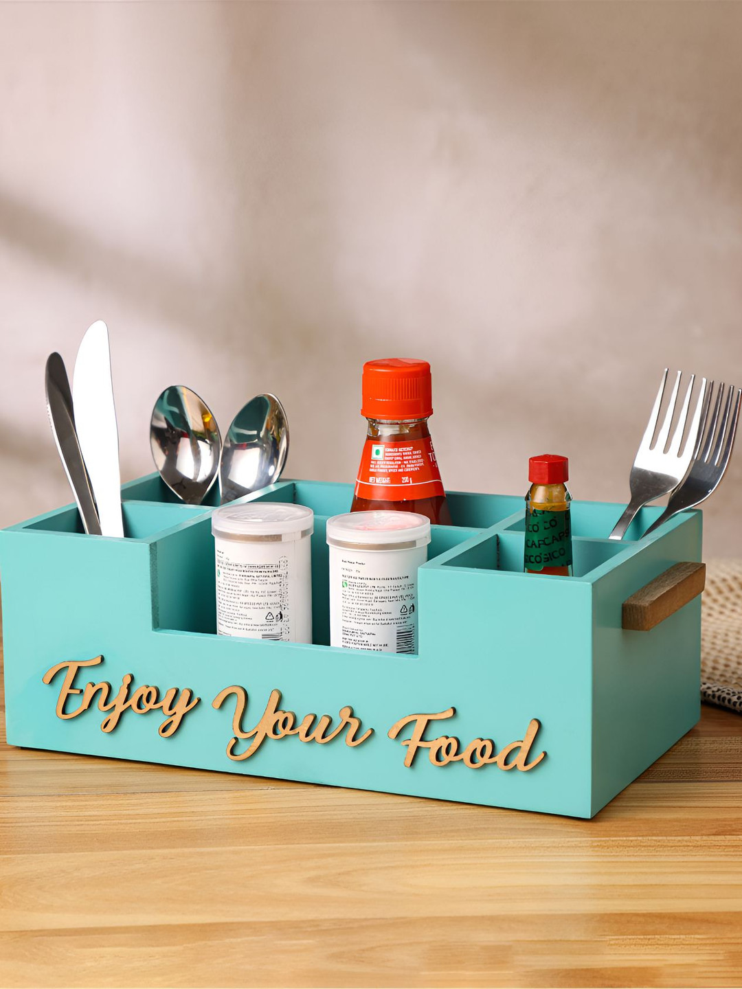 dudki Aqua Blue Six Compartment Wooden Cutlery Holder