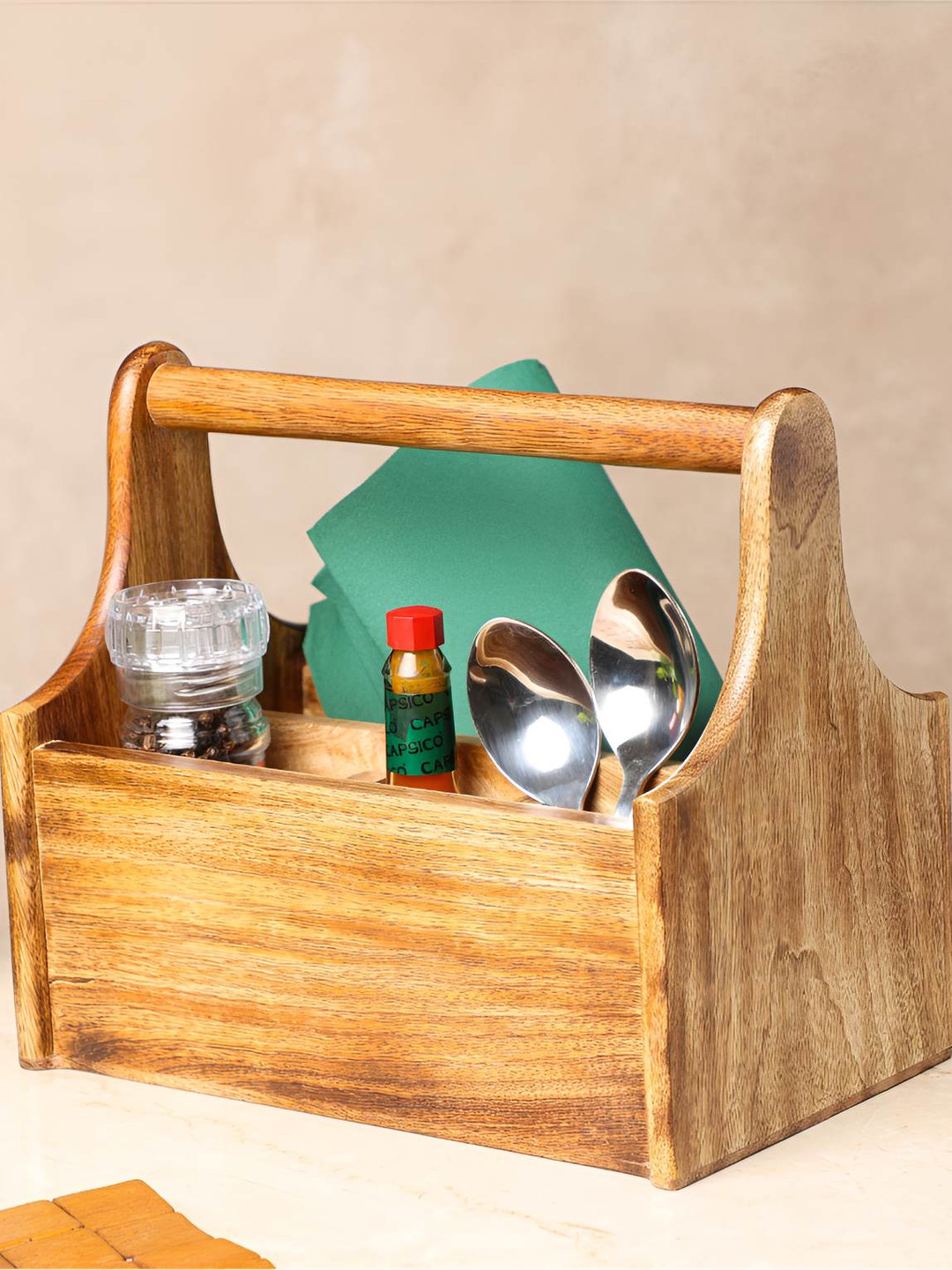 dudki Brown Wooden Multi purpose Cutlery Holder For Dining Table Non Moveable