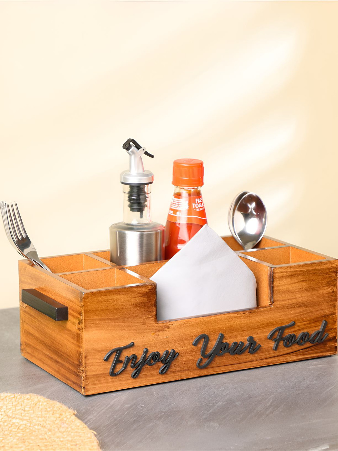 dudki Brown 6 Compartment Wooden Cutlery Holder for Dining Table