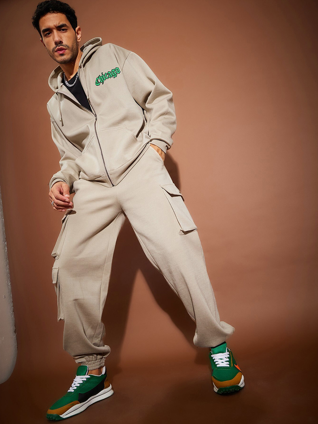 MASCLN SASSAFRAS Taupe Chicago Printed Hooded Sweatshirt With Joggers Tracksuit