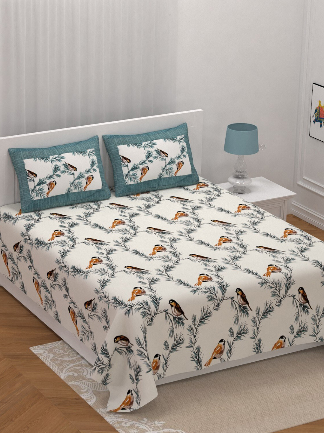 LIVING ROOTS Jaipuri Cream Floral Pure Cotton Breathable 210 TC King Fine Bedsheet with 2 Pillow Covers-218 x 264 cm