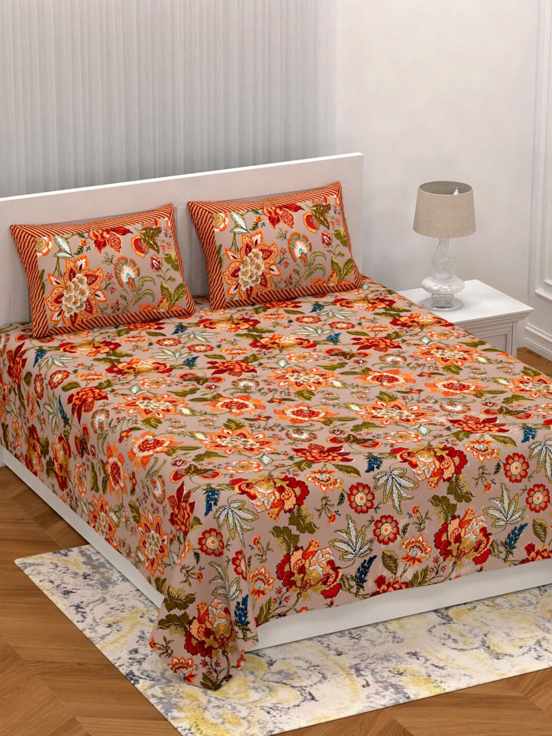 LIVING ROOTS Orange Floral Pure Cotton Breathable 210 TC King Fine Bedsheet with 2 Pillow Covers-90 x 103 inches