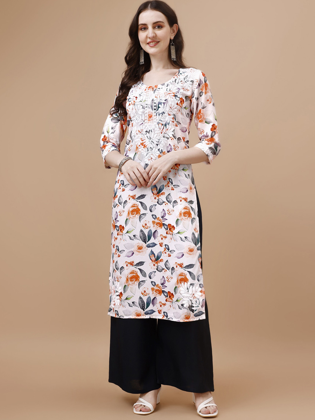 SAZRIKA Floral Printed Thread Work Straight Kurta