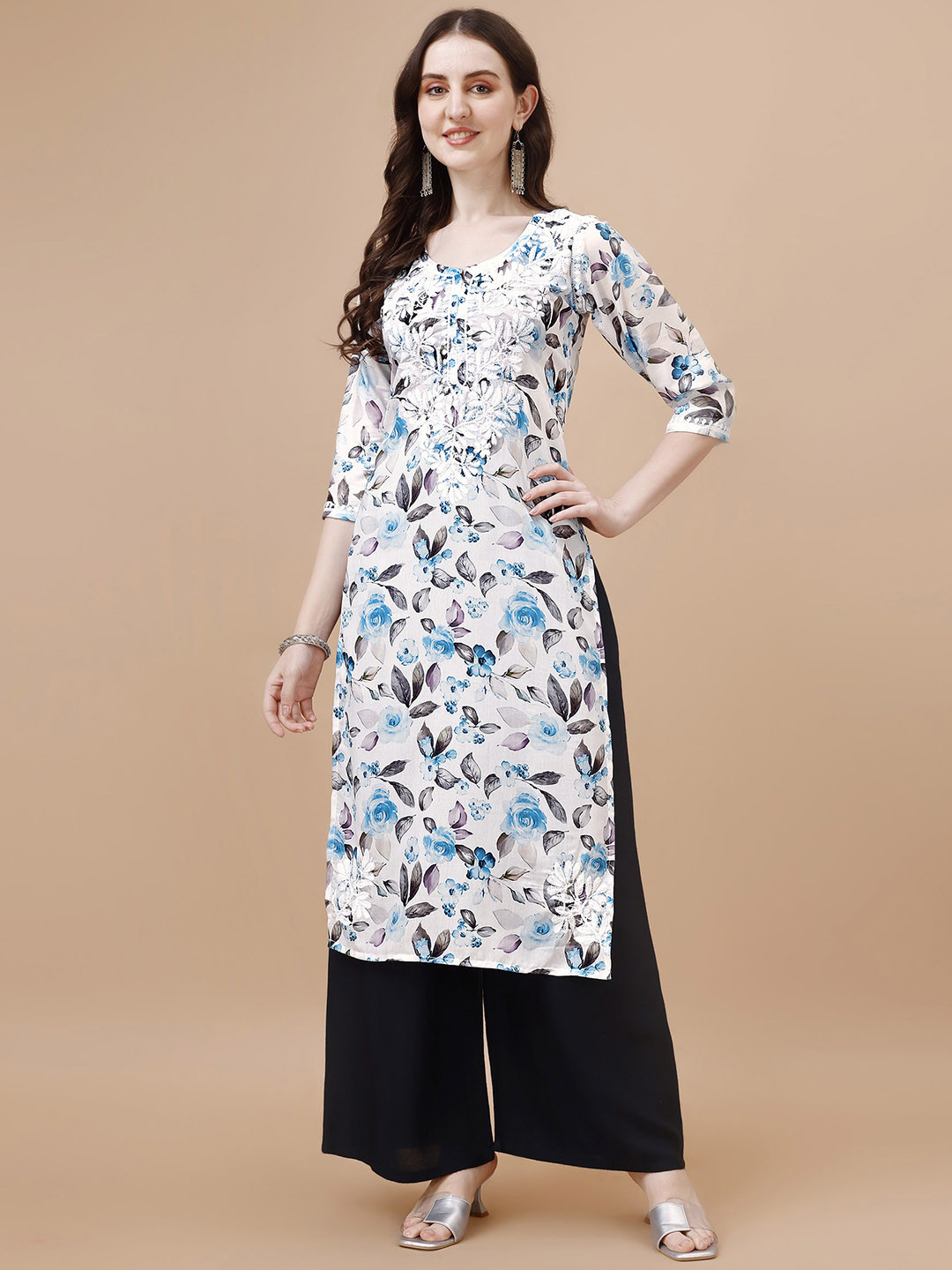 SAZRIKA Floral Printed Thread Work Straight Kurta