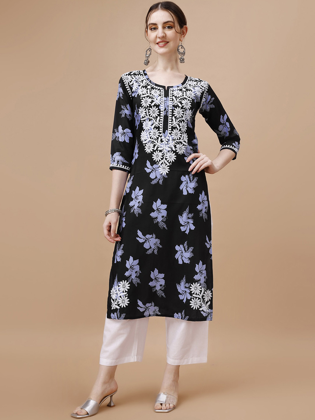 SAZRIKA Floral Printed Thread Work Straight Kurti