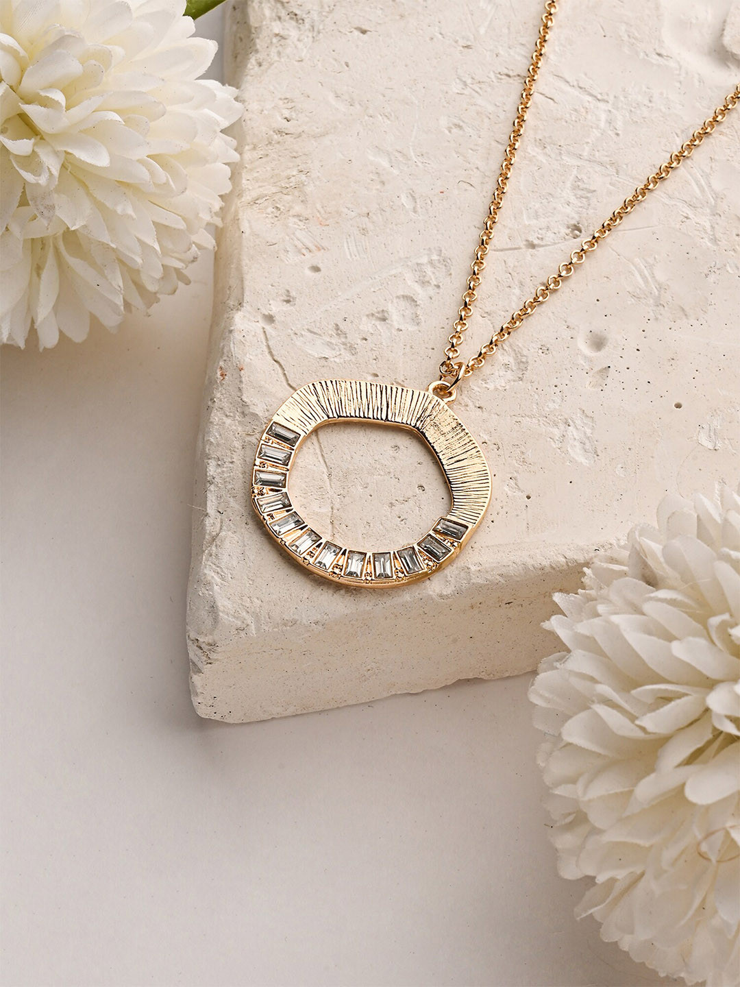 Accessorize Crystals-Studded Textured Circle Long Necklace