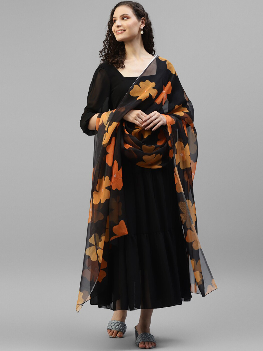 Vibes by Deebaco  Square Neck Georgette Fit and Flare Maxi Ethnic Dress With Dupatta