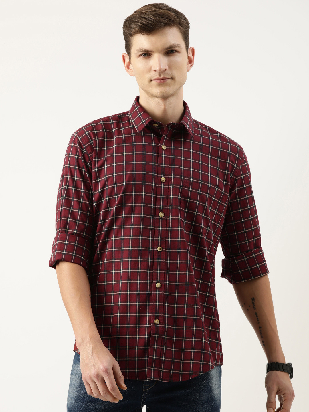 Burnt Umber Men Checked Casual Shirt