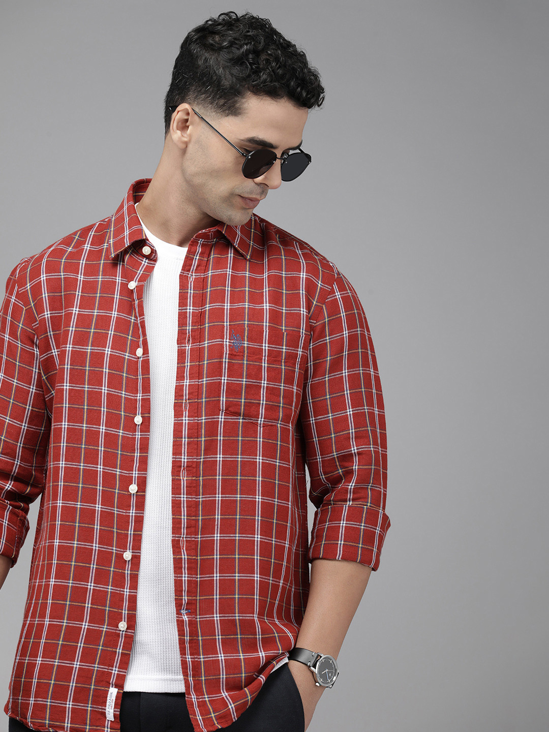 U.S. Polo Assn. Linen Cotton Opaque Checked Casual Shirt