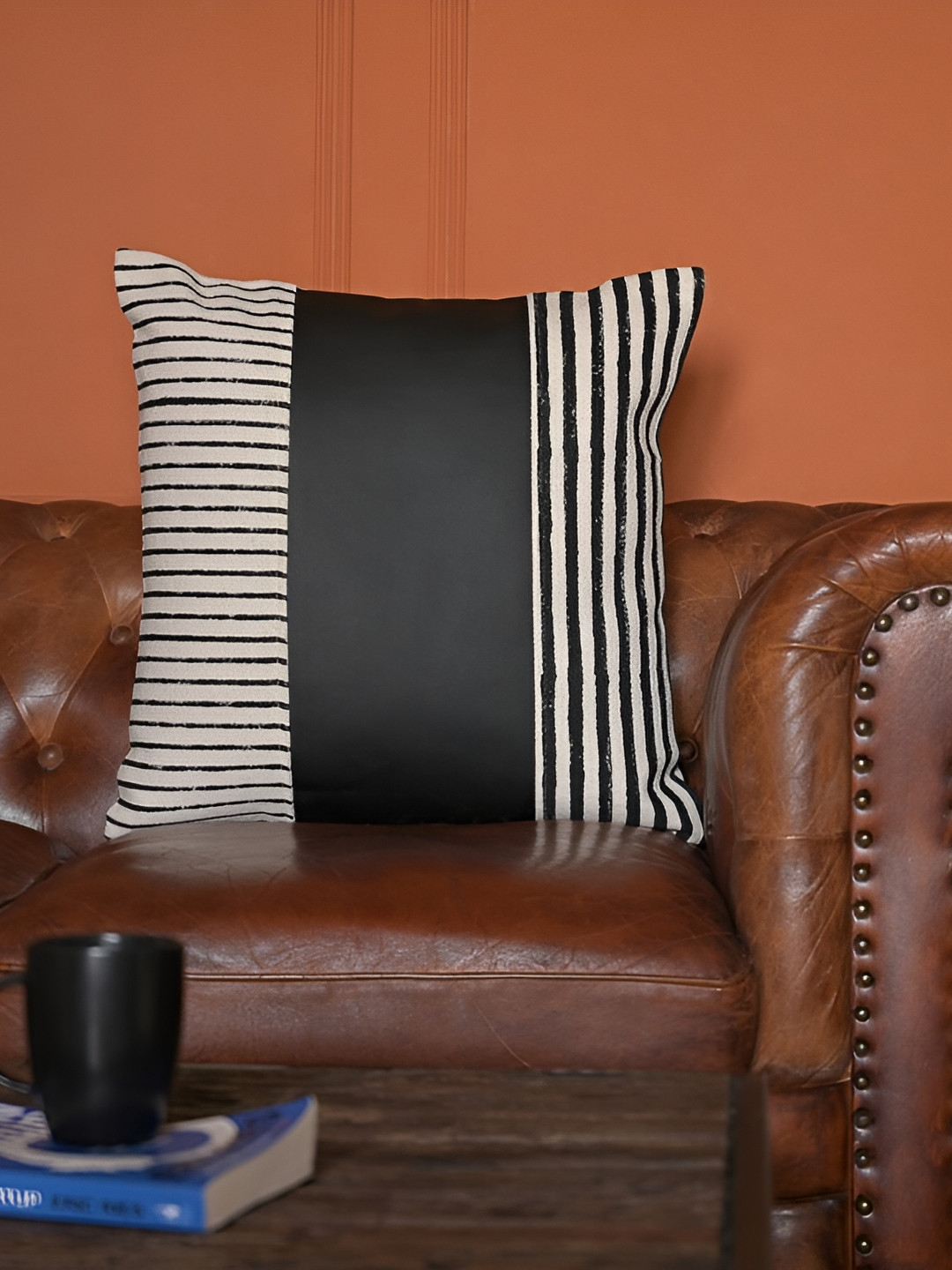 ABSTRACT INDIA Black Striped Cotton Lightweight Textured Cushion Cover - 12 x 20 Inches