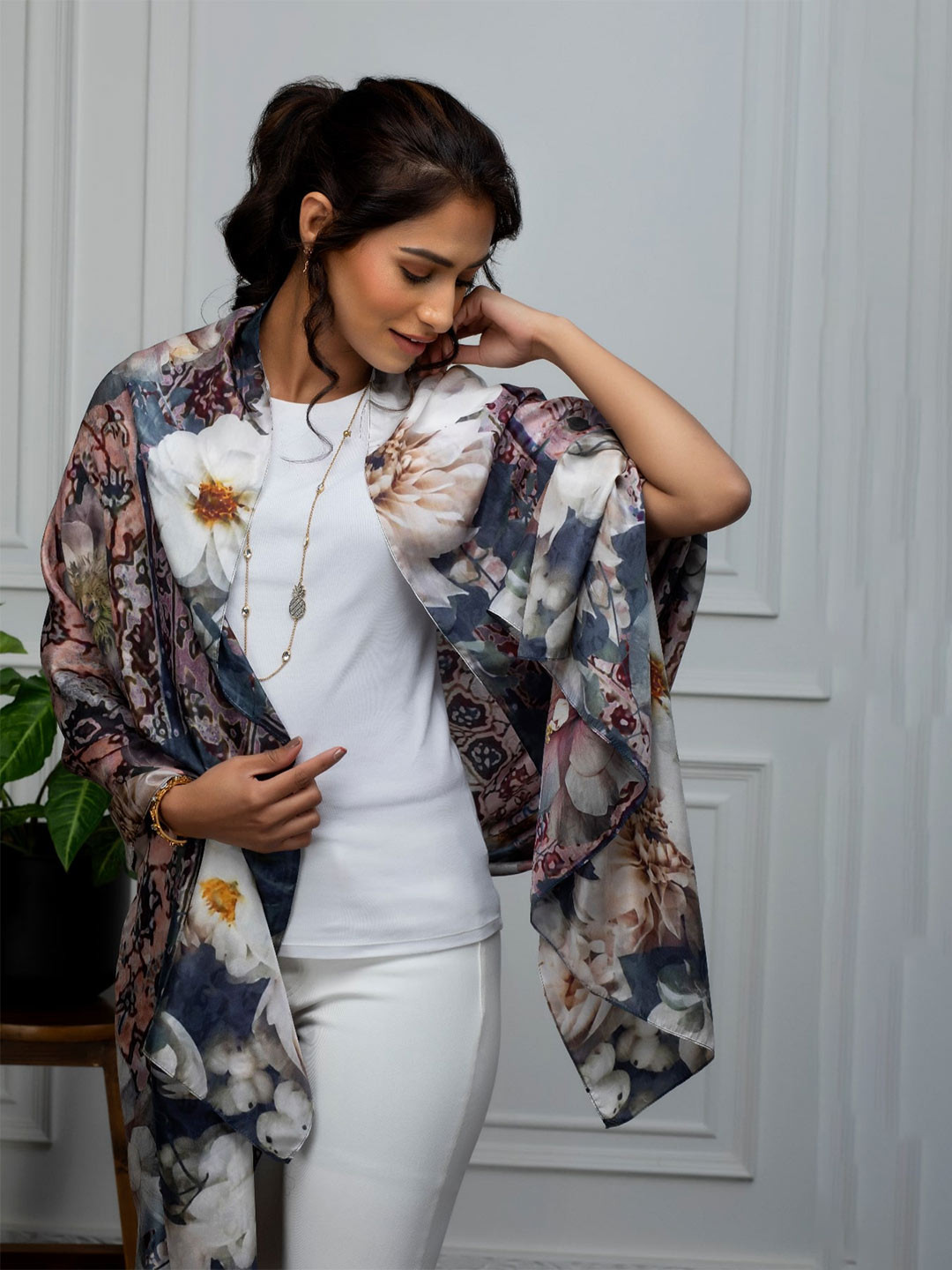 Rhe-Ana Women Floral Printed Silk Scarf