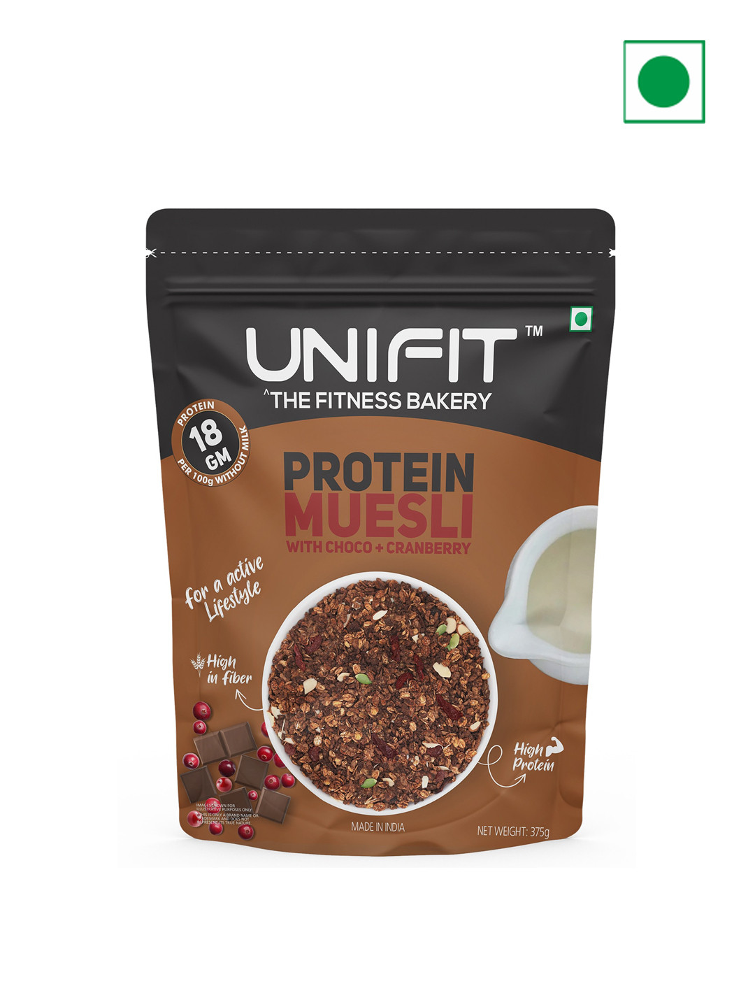 UNIFIT Muesli Cereal with Chocolate and Cranberry For Healthy Breakfast - 375g