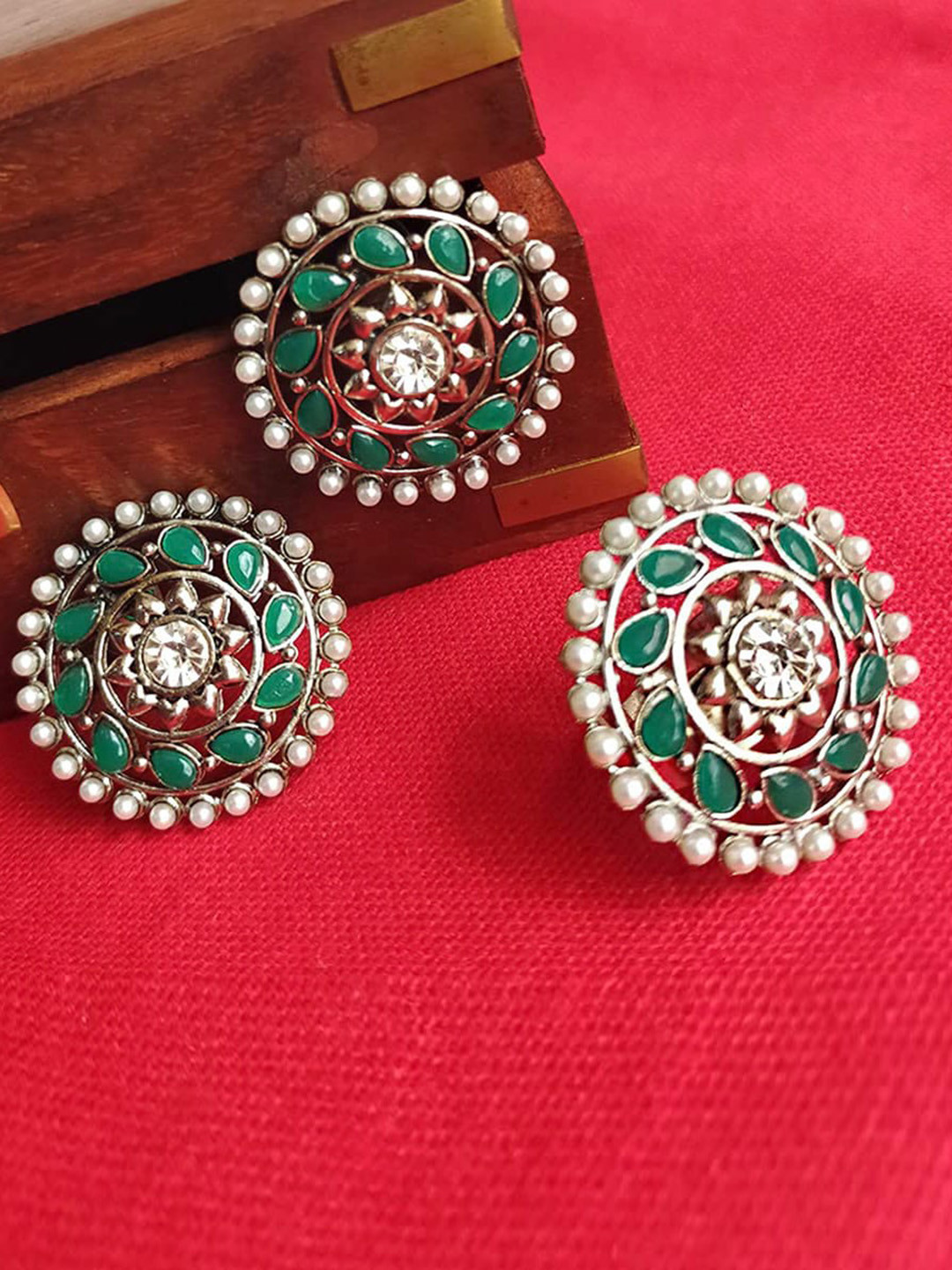 ATIBELLE Silver-Plated German Silver Earrings & Finger Ring Set