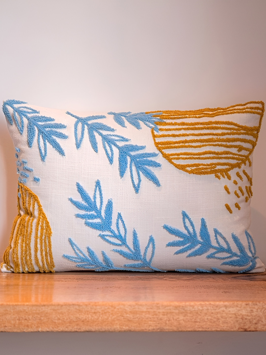 ABSTRACT INDIA White & Blue Textured Cotton Rectangle Cushion Cover